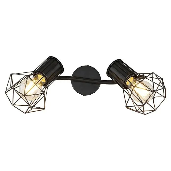 Globo Deckenstrahler Priska - 40 W, L x B x H: 340 x 130 x 190 mm, Schwarz, E27 - Diese moderne Wandleuchte verfügt über zwei Edison-Glühbirnen in schwarzen Drahtkäfigen, die einen stilvollen industriellen Look erzeugen.