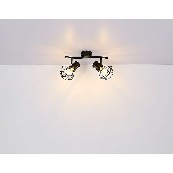 Globo Deckenstrahler Priska - 40 W, L x B x H: 340 x 130 x 190 mm, Schwarz, E27 - Moderne Deckenleuchte mit zwei schwarzen Lampenschirmen im Industrial Design, die warmes Licht in den Raum wirft.