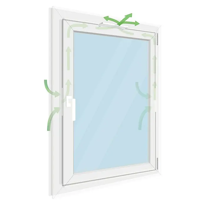 Schellenberg Fensterlüfter Universal Doppelpack - Weiß, 2 Stk. - Illustration eines Fensters mit Belüftungssystem, das die Luftzirkulation durch Pfeile im Rahmen zeigt. Die Fensterrahmen sind weiß.