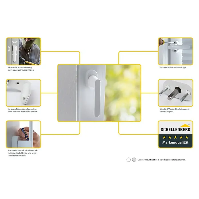 Schellenberg Alarm-Fenstergriff - Weiß, 115 dB - Fenster- und Terrassentürsicherung mit akustischem Alarm, einfacher 5-Minuten-Montage, automatischer Aktivierung und Standard-Vierkant in verschiedenen Längen.