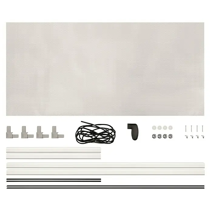 Schellenberg Lichtschachtabdeckung - B x H: 55 x 110 cm, Aluminium - Dieses Bild zeigt eine Rolladenkomponente, inklusive Rollo, Kabel, Montagezubehör und Schiene, alles für eine einfache Installation.