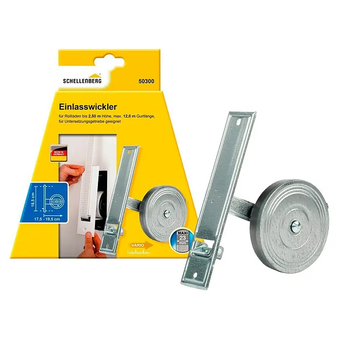 Schellenberg Einlasswickler Maxi - Lochabstand: 185 mm, Gurtbreite: 23 mm, Max. Gurtlänge: 12 m - Produktabbildung eines Schellenberg Einlasswickler, geeignet für Rollläden bis 2,50 m Höhe und 12,0 m Gurtlänge.