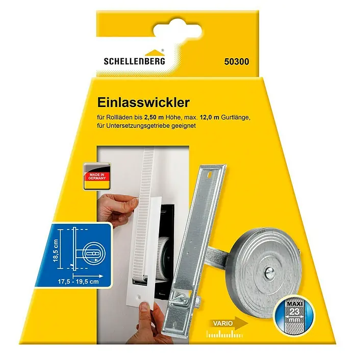 Schellenberg Einlasswickler Maxi - Lochabstand: 185 mm, Gurtbreite: 23 mm, Max. Gurtlänge: 12 m - Verpackung eines Schellenberg Einlasswicklers, geeignet für Rollläden bis 2,50 m Höhe und 12,0 m Gurtlänge, mit Getriebe.