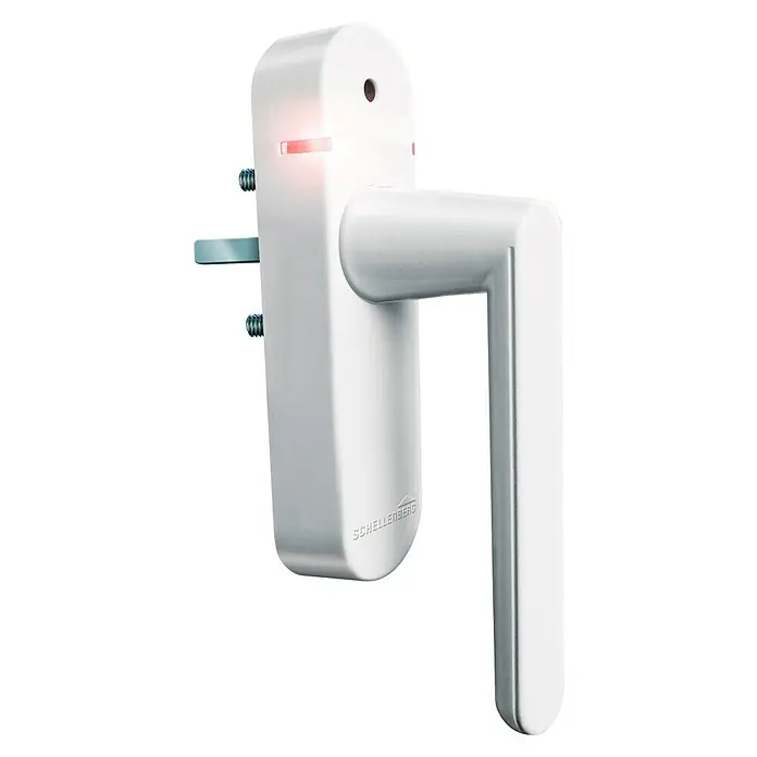 Schellenberg Smart Home Funk-Alarmgriff - DIN Anschlag: Links/Rechts, Weiß - Nahaufnahme eines weißen Schellenberg Fenstergriffs mit roter LED-Anzeige und sichtbaren Schrauben.