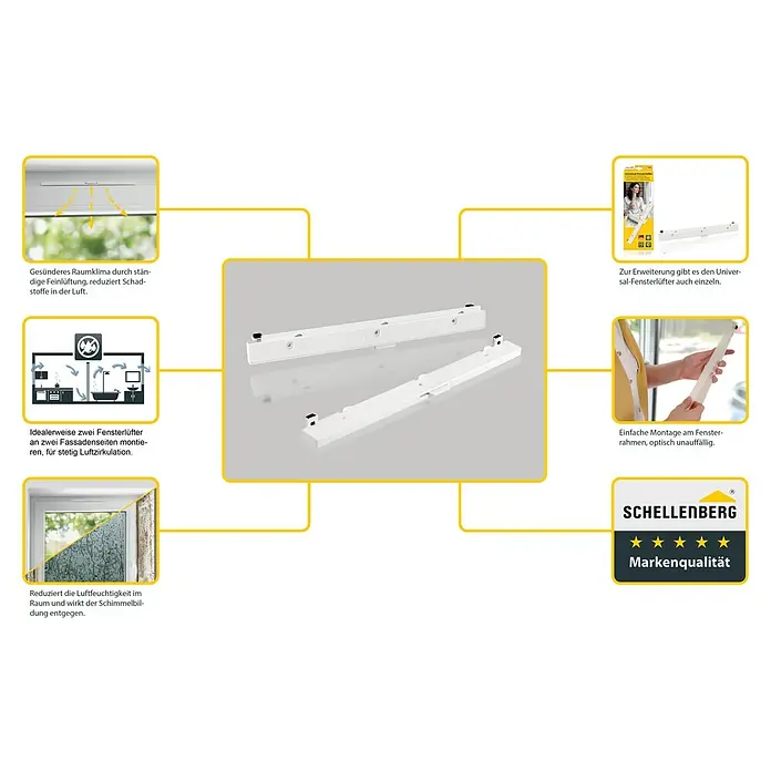 Schellenberg Fensterlüfter Universal Doppelpack - Weiß, 2 Stk. - Produktbild des Schellenberg Universal-Fensterlüfters, der für ein gesundes Raumklima sorgt und einfach am Fensterrahmen montiert werden kann.
