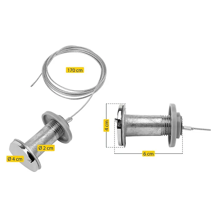 Schellenberg Notentriegelungs-Schloss Powerlift - Passend für: Garagentore bis 40 mm Stärke - Produktansicht des Aufhängesystems mit Drahtseil und Befestigung, inklusive Maßangaben für Durchmesser und Länge.