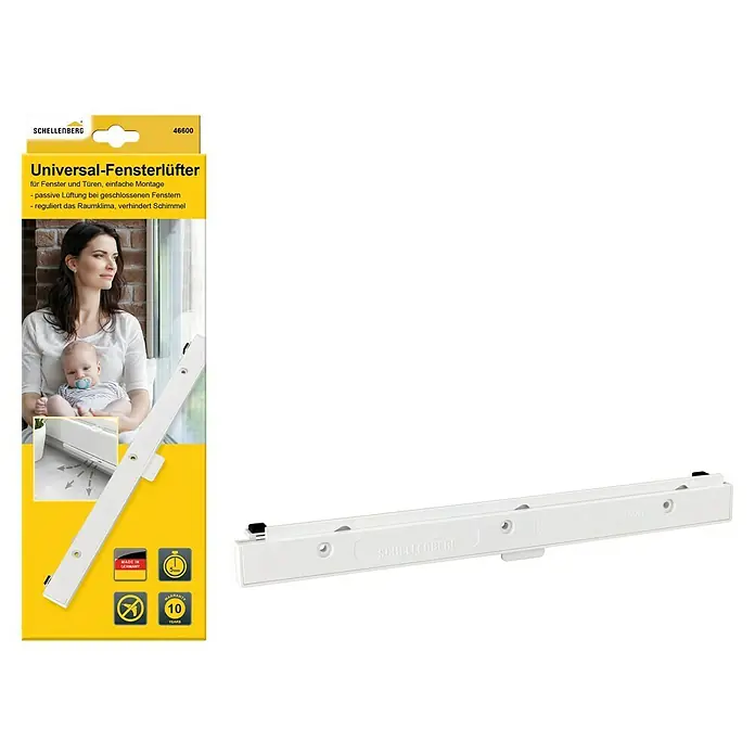 Schellenberg Fensterlüfter Universal Einzelpack - Weiß, 1 Stk. - Das Bild zeigt eine Universal-Fensterlüfterpackung von Schellenberg mit Produktbild, Anwendungsszenario und Produktinformationen.