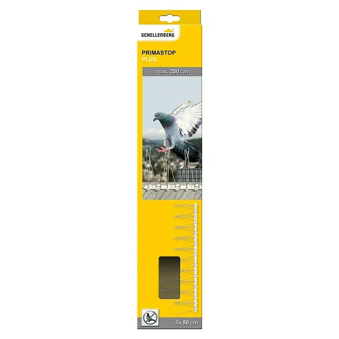 Schellenberg Taubenschutz - L x B x H: 50 x 2,2 x 0,6 cm - Produktverpackung für Schellenberg Primastop Plus Vogelabwehrsystem mit Bild einer Taube und Spikes zur Vogelabwehr.