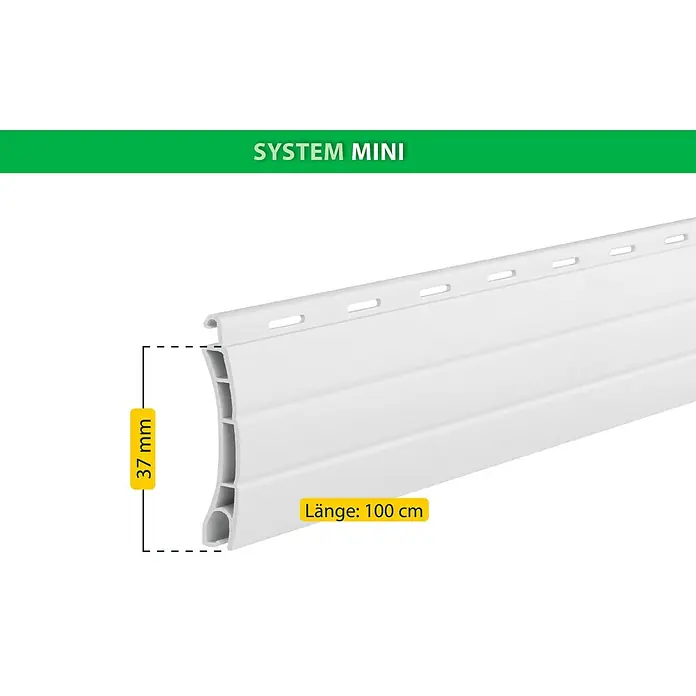 Schellenberg Rollladenprofil Mini - L x H: 100 x 3,7 cm, Geeignet für: Rollladen-Mini-Systeme, Weiß - Bild eines weißen SYSTEM MINI Rollladenprofils mit Größenangaben (37 mm Höhe, 100 cm Länge).