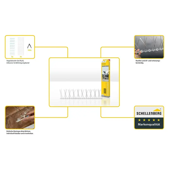 Schellenberg Taubenschutz - L x B x H: 50 x 2,2 x 0,6 cm - Produktabbildung eines Vogelabwehr-Sets PLUS mit Zubehör und Produkteigenschaften.