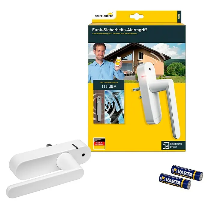 Schellenberg Smart Home Funk-Alarmgriff - DIN Anschlag: Links/Rechts, Weiß - Abbildung eines Schellenberg Funk-Sicherheits-Alarmgriffs, mit Verpackung und Batterien, für Fenster und Terrassentüren.