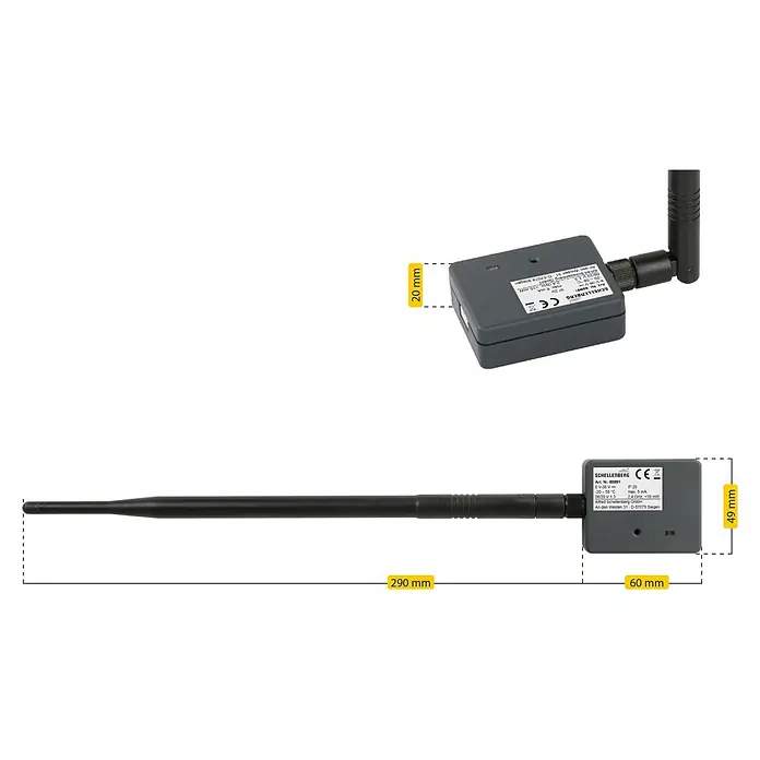 Schellenberg Smartphone-Garagentoröffner - Passend für: Schellenberg Garagen- und Außentorantriebe, Externe Stromversorgung - Das Bild zeigt eine detaillierte Ansicht eines Schellenberg Funk-Sensors mit Antenne und Maßangaben zur Größe.
