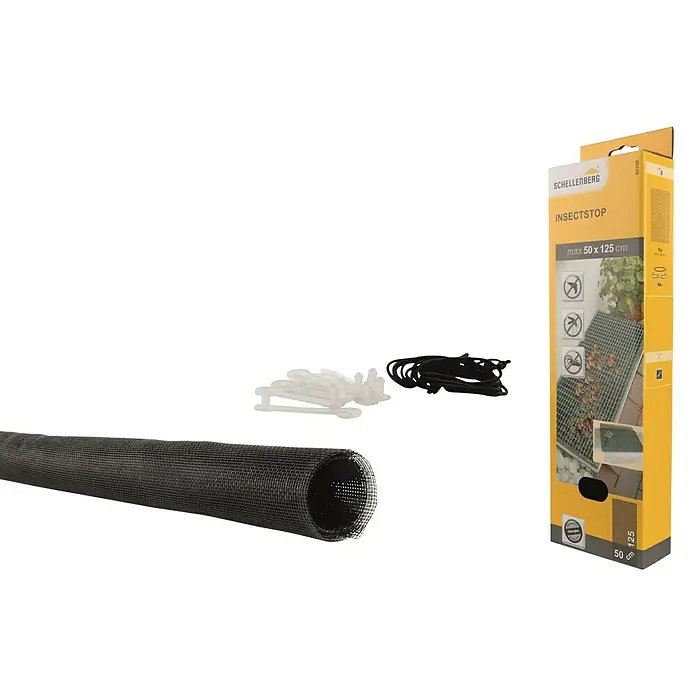 Schellenberg Lichtschachtabdeckung - Kunststoff - Ein Insektenschutzgitter-Set mit einer Rolle Insektenschutz, Befestigungsclips und einer Verpackung mit dem Aufdruck "INSECTSTOP".