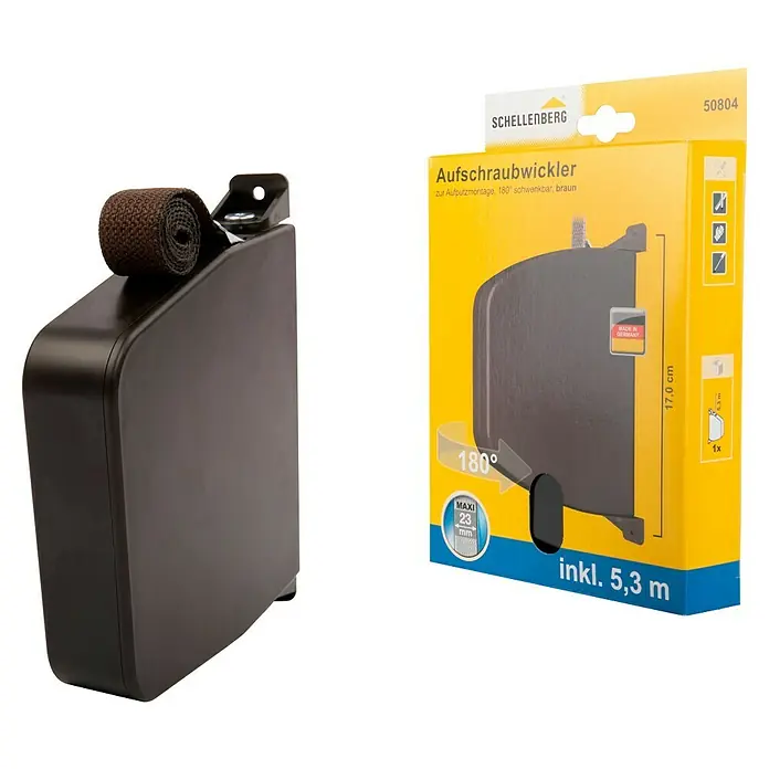 Schellenberg Aufschraubwickler Maxi - Aufputz, Gurtbreite: 23 mm, Lochabstand: 170 mm - Brauner Schellenberg Aufschraubwickler mit Gurt, verpackt in gelber Kartonverpackung mit Produktinformationen.