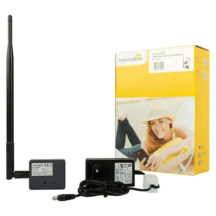Schellenberg Smartphone-Garagentoröffner - Passend für: Schellenberg Garagen- und Außentorantriebe, Externe Stromversorgung - Produktfoto des Schellenberg Smart Home Garagentoröffners mit Antenne, Netzteil und gelber Verpackung.