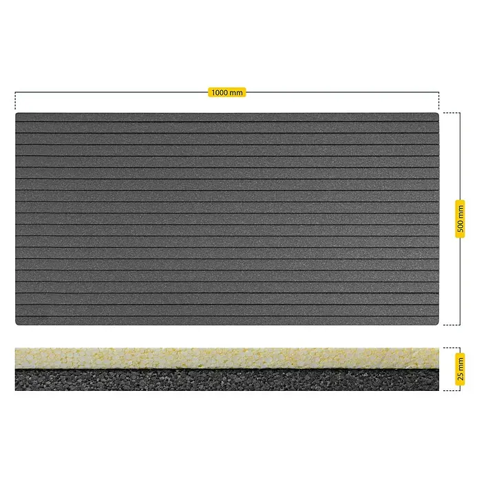 Schellenberg Rollladenkasten-Dämmmatte - 100 x 50 x 2,5 cm, Passend für: Enge Rollladenkästen - Nahaufnahme einer grauen, gerillten Dämmplatte mit den Maßen 1000 mm x 500 mm x 25 mm.