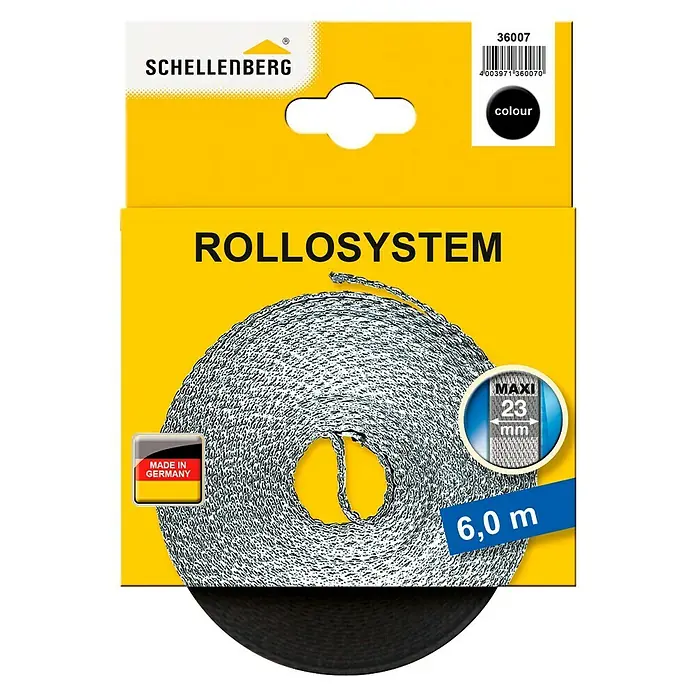 Schellenberg Rollladengurt - Schwarz, Länge: 6 m, Gurtbreite: 23 mm - Produktverpackung für Schellenberg Rollosystem. Das schwarze Rolloband Maxi hat eine Breite von 23 mm und ist 6,0 m lang und in Deutschland hergestellt.