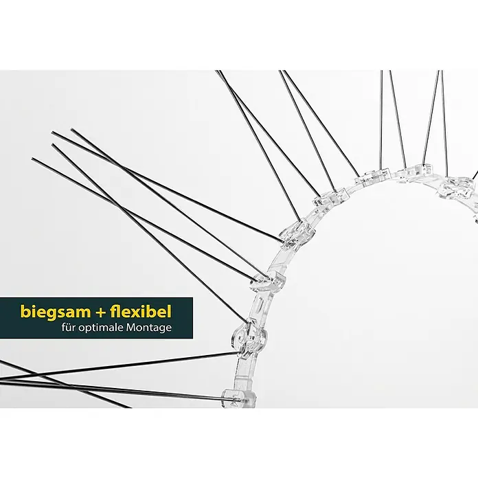 Schellenberg Taubenschutz - L x B x H: 50 x 2,2 x 0,6 cm - Nahaufnahme einer flexiblen Vogelabwehrspitze mit schwarzen Stiften auf einem durchsichtigen, biegsamen Kunststoffbogen für einfache Montage.