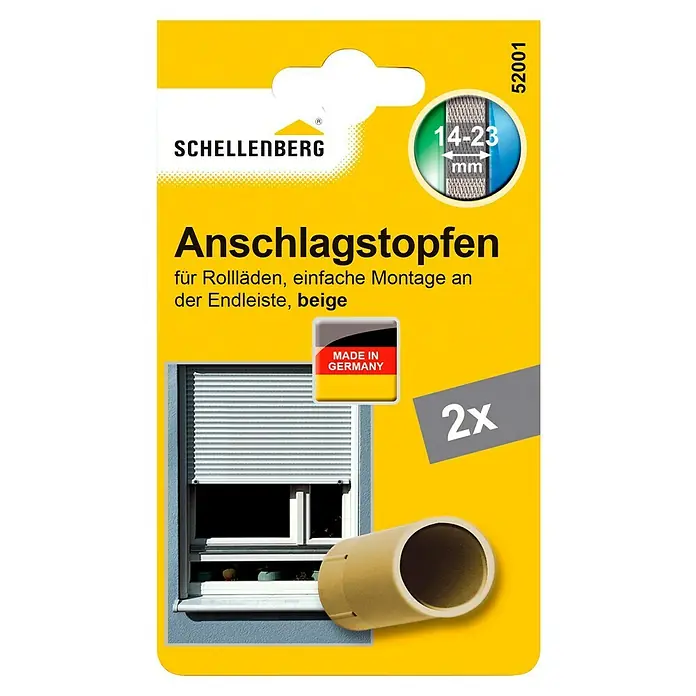 Schellenberg Anschlagstopfen - Ø x L: 20 x 40 mm, Beige - Bild einer Schellenberg Anschlagstopfen-Verpackung. Die Endanschläge sind beige und für Rollläden mit einfacher Montage geeignet.