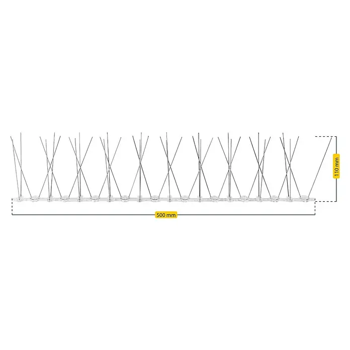 Schellenberg Taubenschutz - L x B x H: 50 x 2,2 x 0,6 cm - Das Bild zeigt eine Reihe von Vogelabwehrspitzen aus Edelstahl mit einer Länge von 500 mm und einer Höhe von 110 mm.