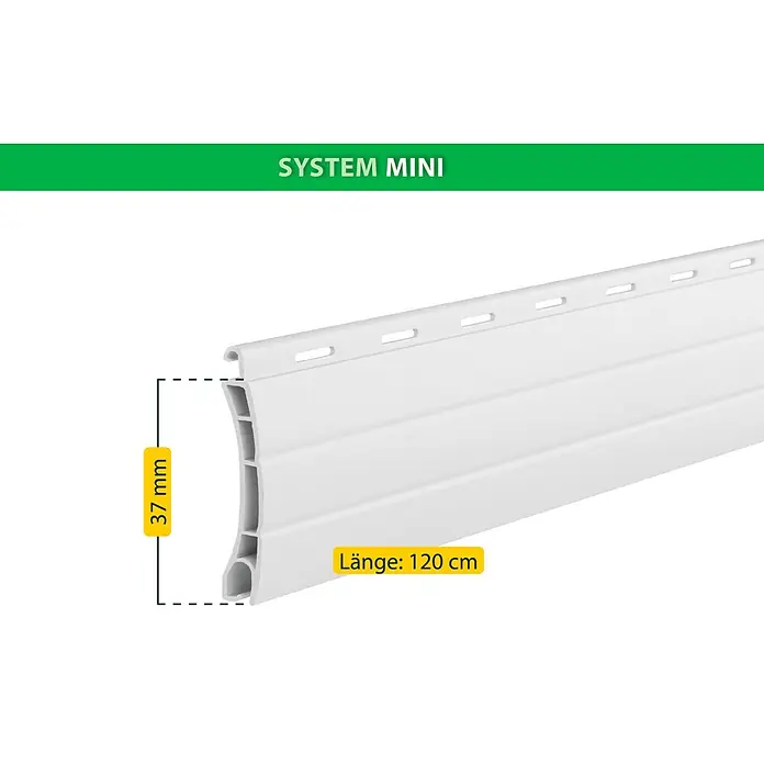 Schellenberg Rollladenprofil Mini - L x H: 120 x 3,7 cm, Geeignet für: Rollladen-Mini-Systeme, Weiß - Bild eines weißen Rollladenprofils "System Mini" mit den Maßen 37 mm Höhe und 120 cm Länge.