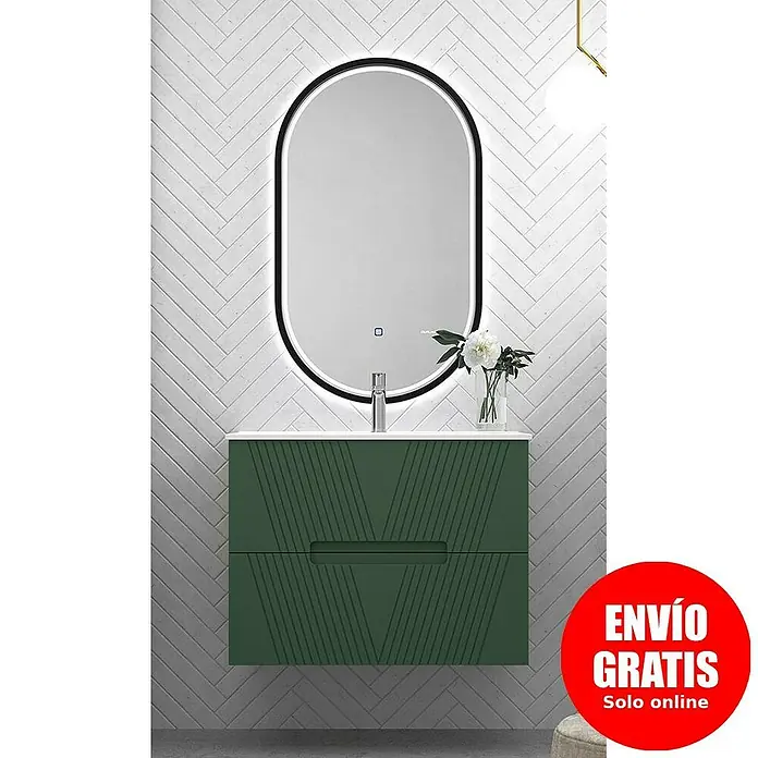 Duplach Mueble bajo de lavabo Istor - L x An x Al: 45 x 100 x 60 cm, Oliva - Conjunto de muebles de baño con mueble de lavabo verde y espejo ovalado con iluminación LED para un ambiente moderno.