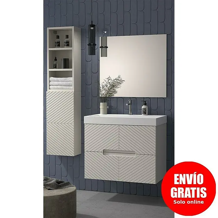 Duplach Mueble bajo de lavabo Kamet - L x An x Al: 45 x 60 x 60 cm, Beige - Conjunto de baño con tocador, espejo y armario de diseño moderno con líneas diagonales y color gris.