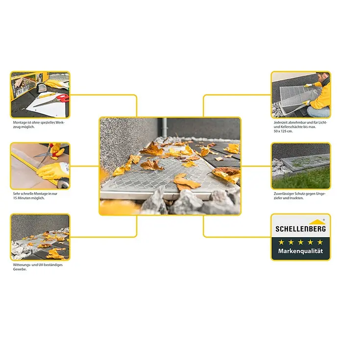 Schellenberg Lichtschachtabdeckung - B x H: 50 x 125 cm, Aluminium - Bild von Schellenberg Lichtschachtabdeckung mit Informationen zu Montage, Schutz vor Ungeziefer und UV-Beständigkeit.