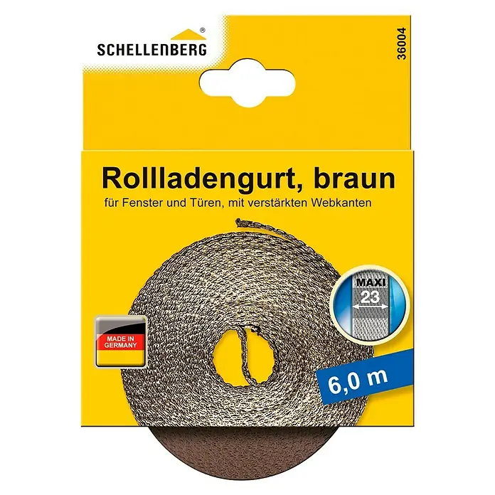 Schellenberg Rollladengurt - Braun, Länge: 6 m, Gurtbreite: 23 mm - Abgebildetes Produkt: Schellenberg Rollladengurt, braun, 6,0 m lang, verstärkte Webkanten, geeignet für Fenster und Türen, Made in Germany.