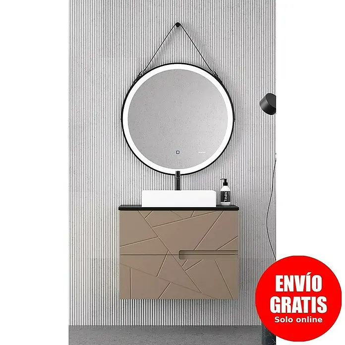 Duplach Mueble bajo de lavabo Gurla - L x An x Al: 45 x 100 x 60 cm, Moka - Elegante conjunto de baño con un mueble de diseño geométrico, lavabo sobre encimera y espejo LED redondo para un toque moderno.