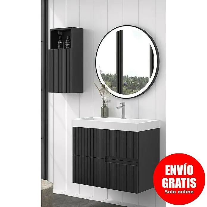 Duplach Mueble bajo de lavabo Abi - L x An x Al: 45 x 80 x 60 cm, Negro - Elegante conjunto de baño con mueble de lavabo, armario de pared y espejo redondo con iluminación para un ambiente moderno.