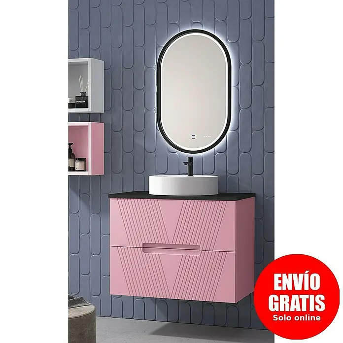 Duplach Mueble bajo de lavabo Istor - L x An x Al: 45 x 60 x 60 cm, Rosa - Mueble de baño rosa con lavabo sobre encimera y espejo LED para un diseño de baño elegante.