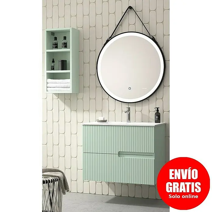 Duplach Mueble bajo de lavabo Mana - L x An x Al: 45 x 60 x 60 cm, Menta - Un moderno conjunto de baño con mueble de lavabo verde menta, espejo redondo con iluminación LED y estantería abierta.