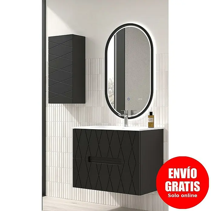 Duplach Mueble bajo de lavabo Nanda - L x An x Al: 45 x 80 x 60 cm, Negro - Mueble de baño negro con lavabo, espejo y armario colgante con patrón geométrico para un diseño de baño moderno.