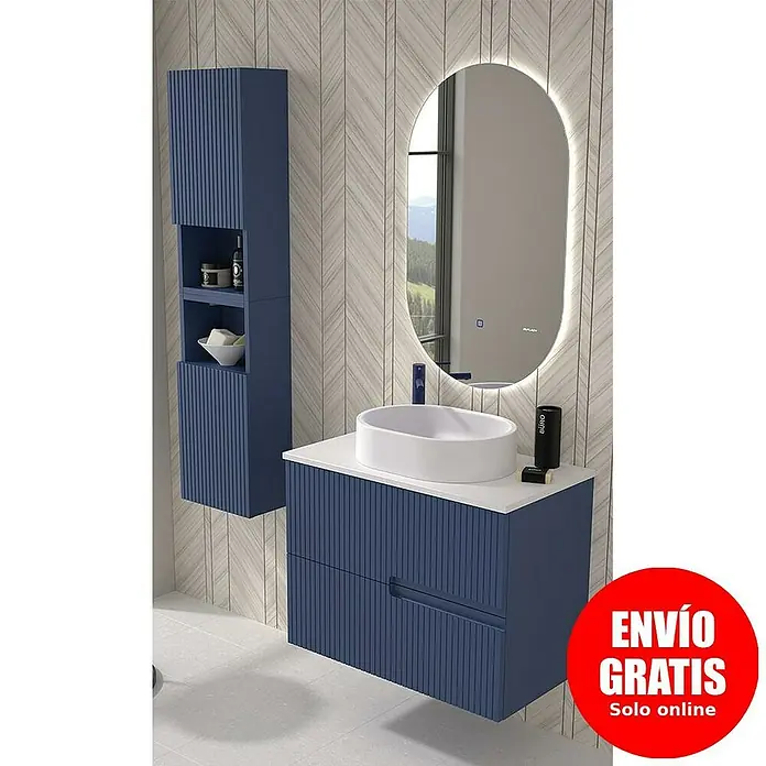 Duplach Mueble bajo de lavabo Mana - L x An x Al: 45 x 60 x 60 cm, Oceano - Elegante conjunto de baño en azul con lavabo, espejo y armario a juego para un ambiente elegante.