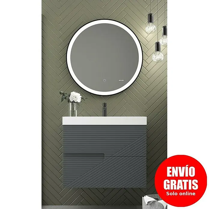 Duplach Mueble bajo de lavabo Rimo - L x An x Al: 45 x 80 x 60 cm, Antracita - Mueble de baño con gabinete gris, lavabo blanco y espejo redondo LED para un diseño moderno y elegante.