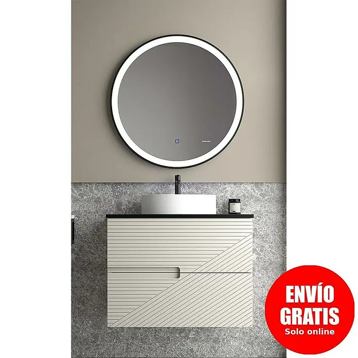 Duplach Mueble bajo de lavabo Rimo - L x An x Al: 45 x 60 x 60 cm, Beige - Mueble de baño con espejo redondo LED. El diseño moderno presenta líneas limpias y una combinación de colores grises.