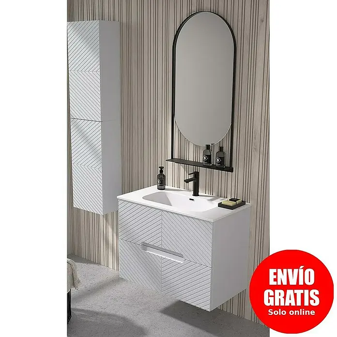 Duplach Mueble bajo de lavabo Kamet - L x An x Al: 45 x 60 x 60 cm, Gris - Un moderno conjunto de baño con mueble de lavabo, armario con espejo y armario lateral alto con un diseño elegante.