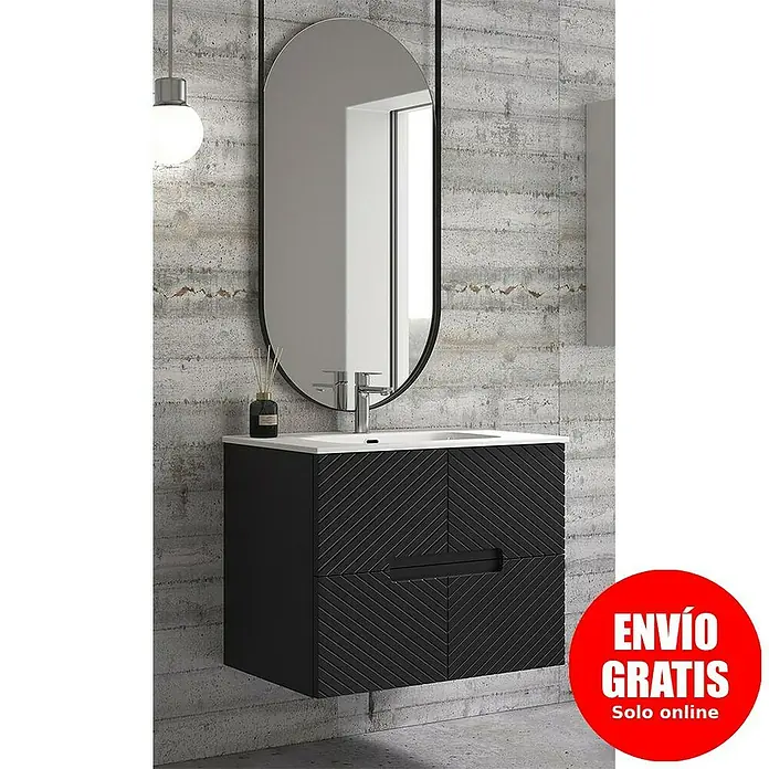 Duplach Mueble bajo de lavabo Kamet - L x An x Al: 45 x 60 x 60 cm, Negro - Un moderno conjunto de tocador de baño con un gabinete negro estampado y un espejo ovalado.