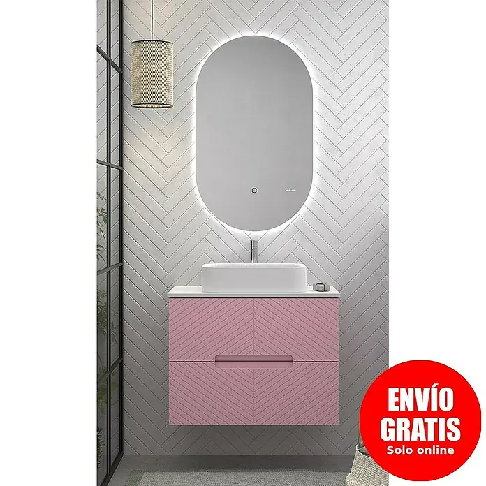 Duplach Mueble bajo de lavabo Kamet - L x An x Al: 45 x 60 x 60 cm, Rosa - Elegante conjunto de baño con mueble de lavabo rosa, espejo ovalado iluminado y lavabo sobre encimera moderno.