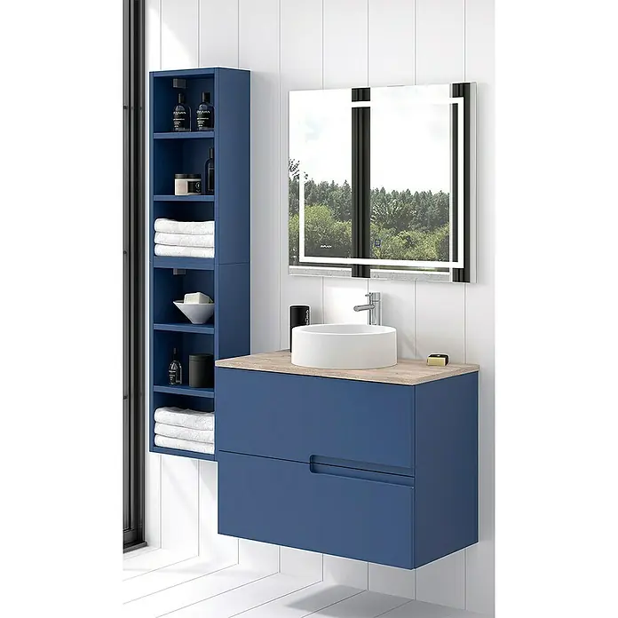 Duplach Mueble bajo de lavabo Sia - L x An x Al: 45 x 60 x 60 cm, Oceano - Un moderno mueble de baño con armario azul, estantes y espejo iluminado ofrece un almacenamiento elegante.
