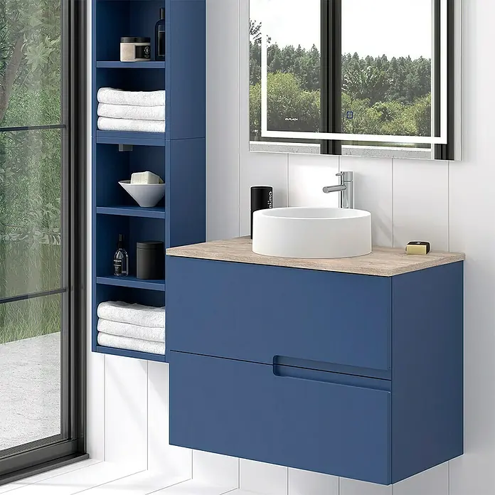 Duplach Mueble bajo de lavabo Sia - L x An x Al: 45 x 60 x 60 cm, Oceano - Conjunto de baño moderno en azul con mueble bajo lavabo, lavabo sobre encimera y espejo para un diseño de baño elegante.