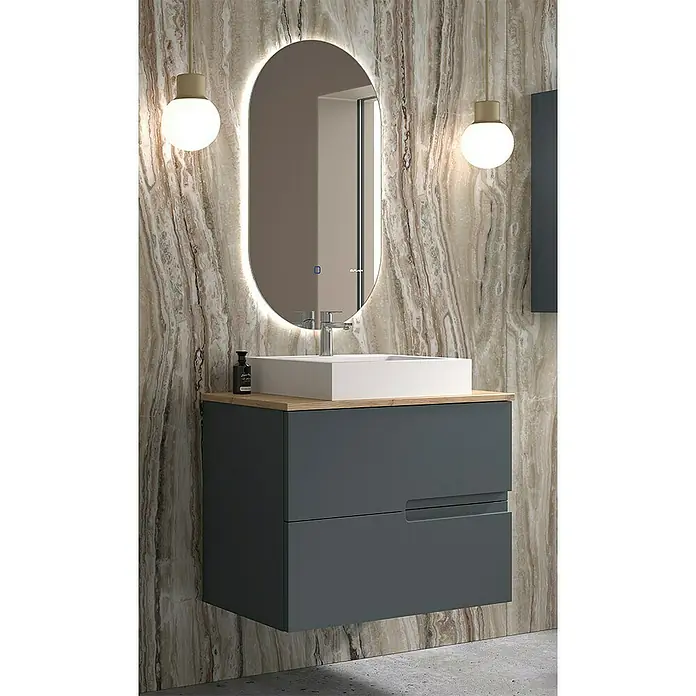 Duplach Mueble bajo de lavabo Sia - L x An x Al: 45 x 60 x 60 cm, Antracita - Un elegante baño con un moderno mueble de lavabo gris y un espejo ovalado con iluminación integrada.