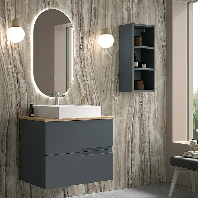 Duplach Mueble bajo de lavabo Sia - L x An x Al: 45 x 60 x 60 cm, Antracita - Interior de baño elegante con mueble de lavabo, espejo y estante colgante de diseño moderno.