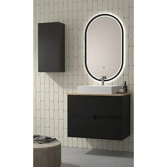 Duplach Mueble bajo de lavabo Sia - L x An x Al: 45 x 80 x 60 cm, Negro - Elegante conjunto de baño con mueble de lavabo negro, espejo elegante y armario colgante a juego. Diseño de baño moderno para su hogar.