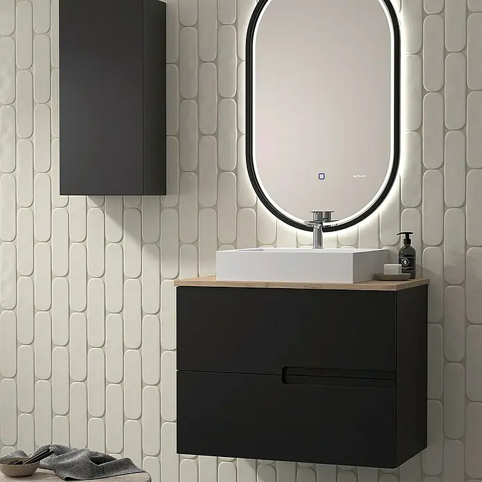 Duplach Mueble bajo de lavabo Sia - L x An x Al: 45 x 80 x 60 cm, Negro - Elegante conjunto de baño con mueble bajo negro, lavabo sobre encimera y espejo iluminado LED. Diseño moderno y estético para el baño.