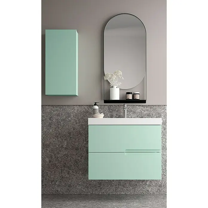 Duplach Mueble bajo de lavabo Sia - L x An x Al: 45 x 80 x 60 cm, Menta - Diseño de baño moderno con un mueble de lavabo verde menta, un armario de pared a juego y un espejo elegante con estante.
