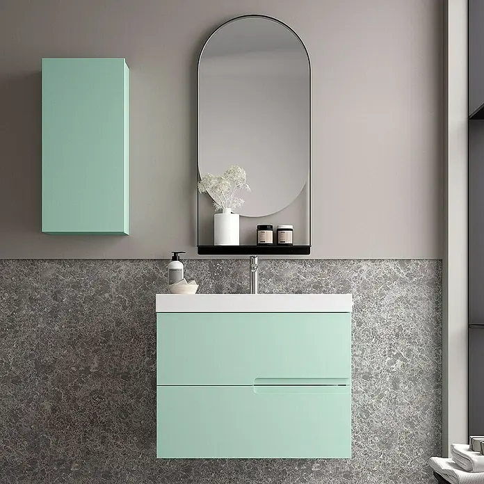 Duplach Mueble bajo de lavabo Sia - L x An x Al: 45 x 80 x 60 cm, Menta - Conjunto de baño moderno con tocador verde menta, armario y espejo ovalado.
