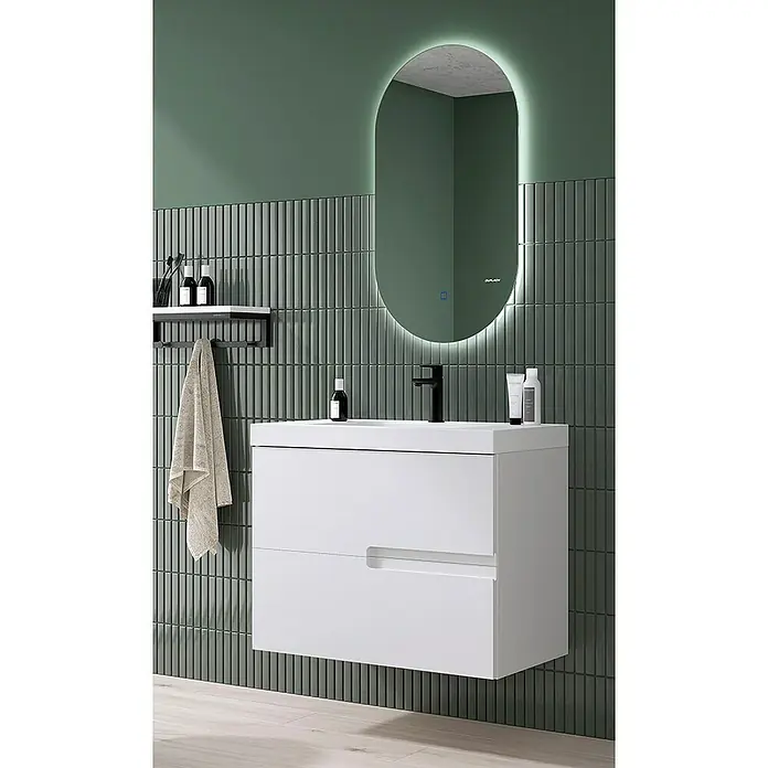 Duplach Mueble bajo de lavabo Sia - L x An x Al: 45 x 80 x 60 cm, Blanco - Un interior de baño moderno con un mueble de lavabo blanco y un espejo retroiluminado. Diseño elegante para un espacio de baño contemporáneo.