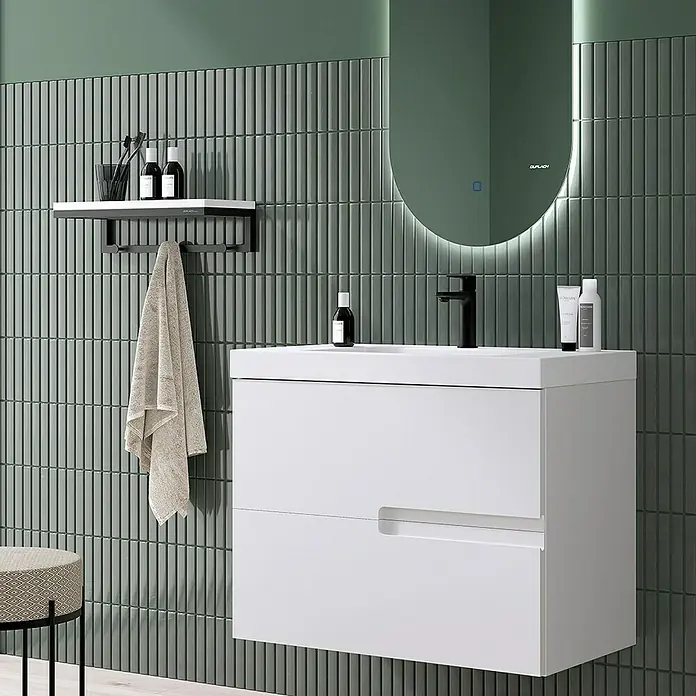 Duplach Mueble bajo de lavabo Sia - L x An x Al: 45 x 80 x 60 cm, Blanco - Baño con mueble de lavabo blanco moderno, espejo retroiluminado y azulejos verdes.